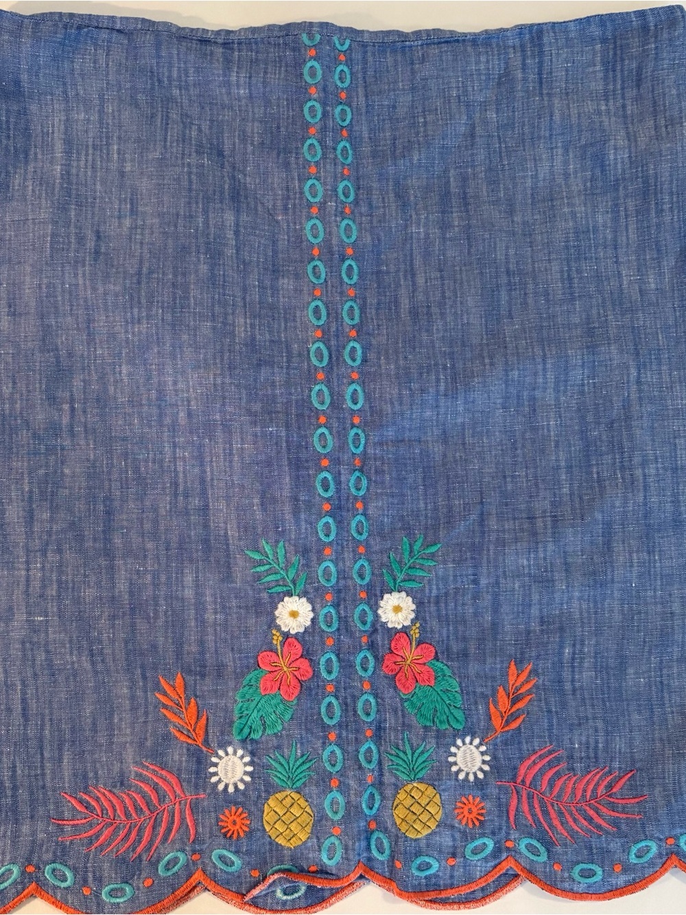 Talbots Blue Chambrey Embroidered A-Line Skirt with Multicolor Tropical Motif 14
